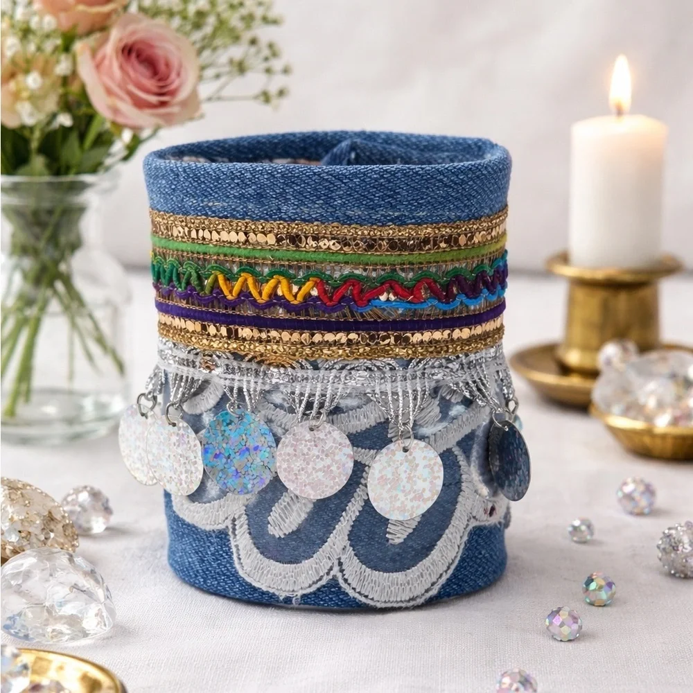 RUBYRUDI Cuff Bracelet Handcrafted OOAK Fabric Embellished Artisan Wearable Art